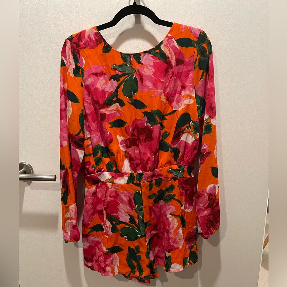 Lulus Orange Floral Print Backless Long Sleeve Romper; size L